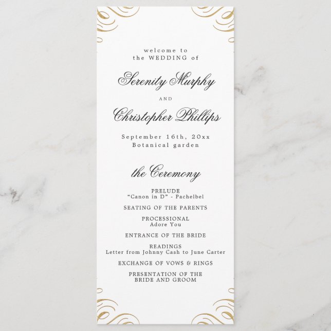 Classic black and gold Calligraphy Wedding Program Menu (Front)
