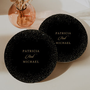 Classic Black and Gold Confetti Minimal Wedding Paper Plate