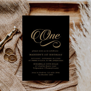Classic Black and Gold Minimal 1st Birthday  Invitation