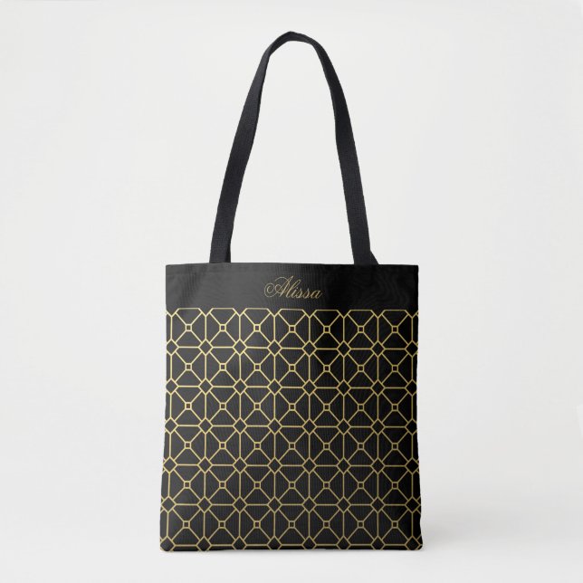 Classic Black and Gold Pattern Personalised Tote Bag (Front)