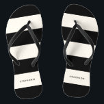 Classic Black and Off-White Stripes with Name Flip Flops<br><div class="desc">With elegant minimalist styling, this simple classic design has a sophisticated modern appeal. The bold horizontal rugby stripes pattern in black and eggshell off-white has a clean-look sans-serif type face for including your first and last name. These flip flops make wonderful gifts for a variety of occasions including birthdays, weddings,...</div>