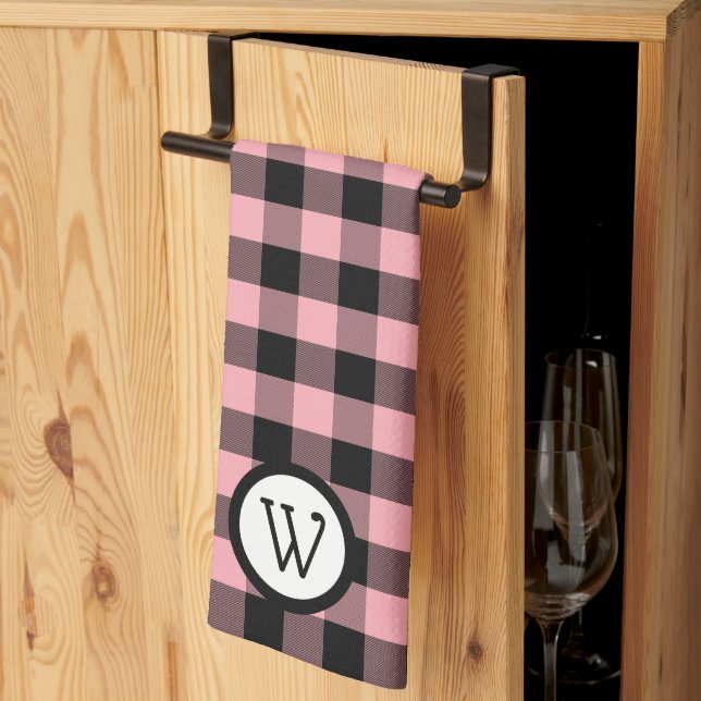 Classic Black and Pink Buffalo Plaid with Monogram Tea Towel (Thirds Fold)