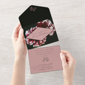 Classic Black and Pink Peonies Wedding All In One Invitation