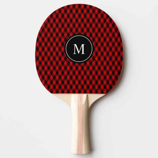 Classic Black and Red Diamond Pattern & Monogram Ping Pong Paddle (Front)
