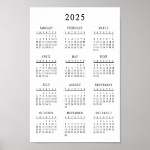 Classic Black and White 2025 Simple Basic Calendar Poster