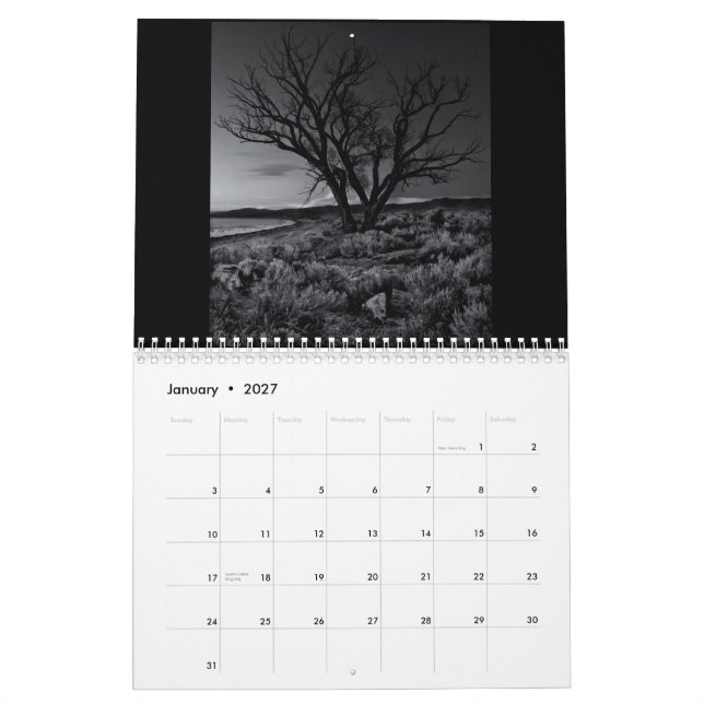Classic Black and White Calendar (Jan 2027)