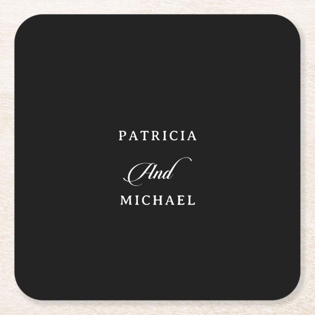 Classic Black and White Calligraphy Wedding Square Paper Coaster (Front)