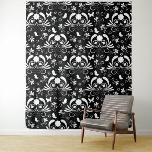 Classic Black and White Damask Flourish Butterfly Tapestry