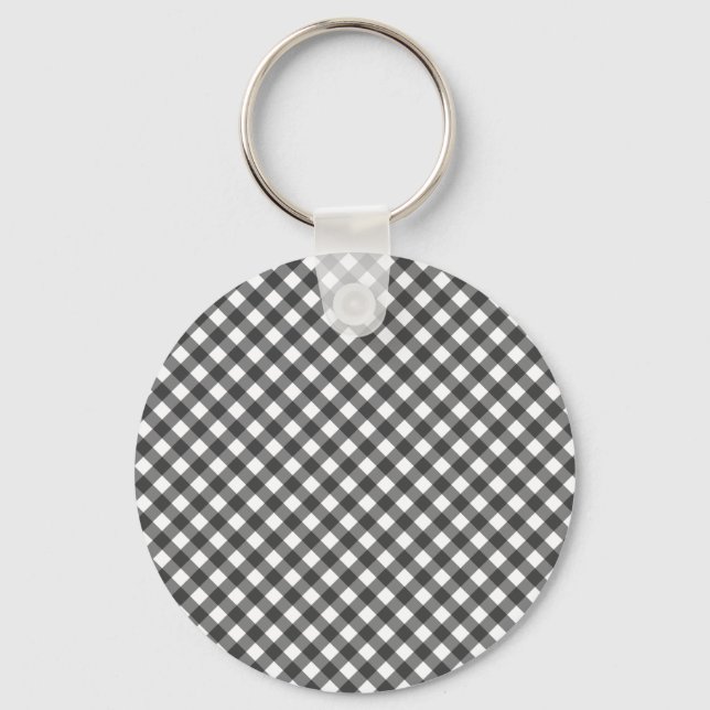 Classic Black And White Diagonal Gingham Plaid Key Ring (Front)