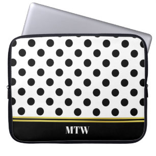 Classic Black and White Dot Pattern and Monogram Laptop Sleeve