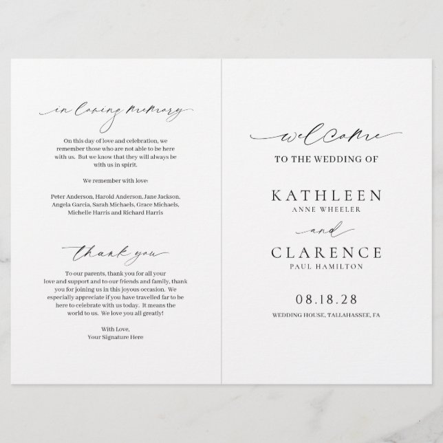 Classic Black and White Elegant Wedding Program (Front)