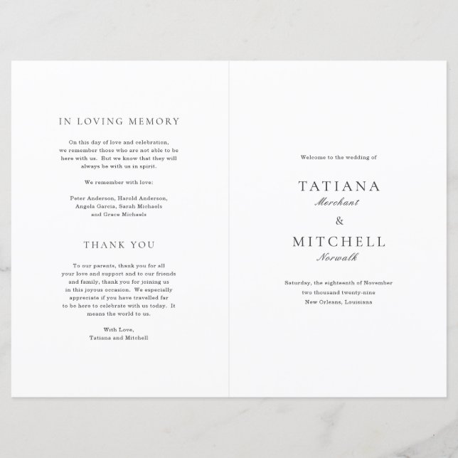 Classic Black and White Elegant Wedding Program (Front)
