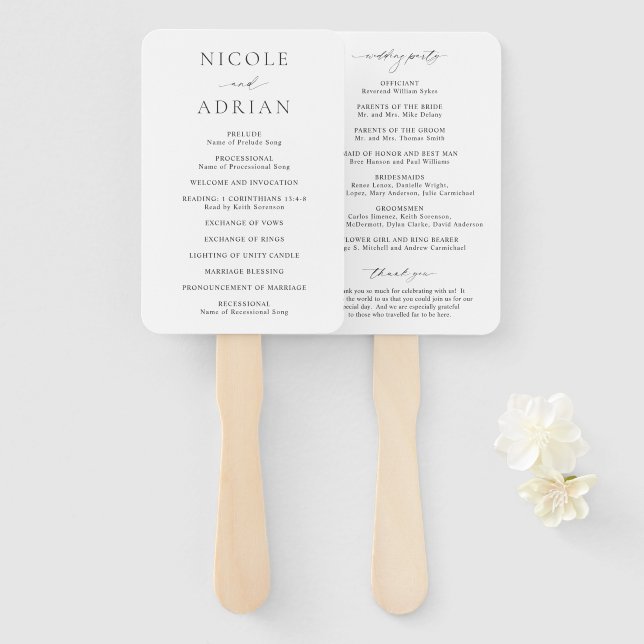 Classic Black and White Elegant Wedding Program Hand Fan (Front and Back)