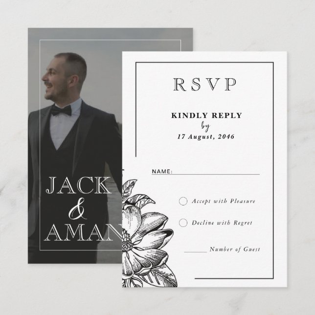 Classic Black and White Elegant Wedding RSVP Cards (Front/Back)