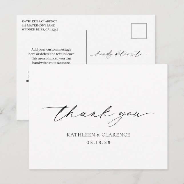 Classic Black and White Elegant Wedding Thank You Postcard (Front/Back)