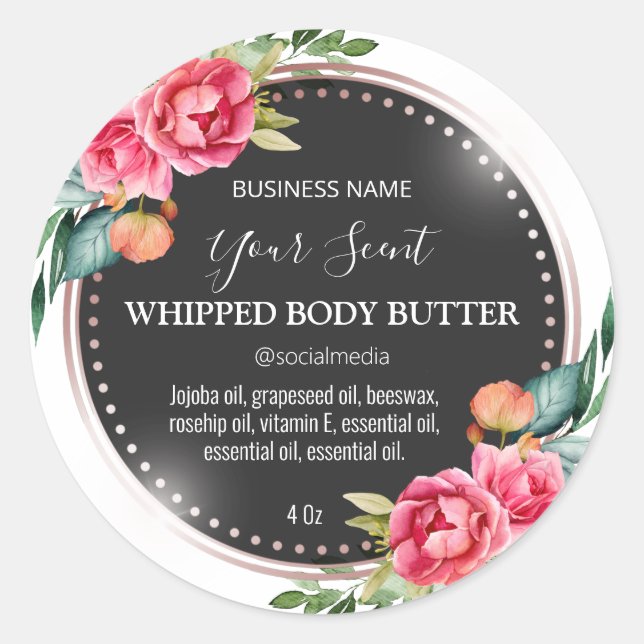 Classic Black And White Floral Body Butter Labels (Front)