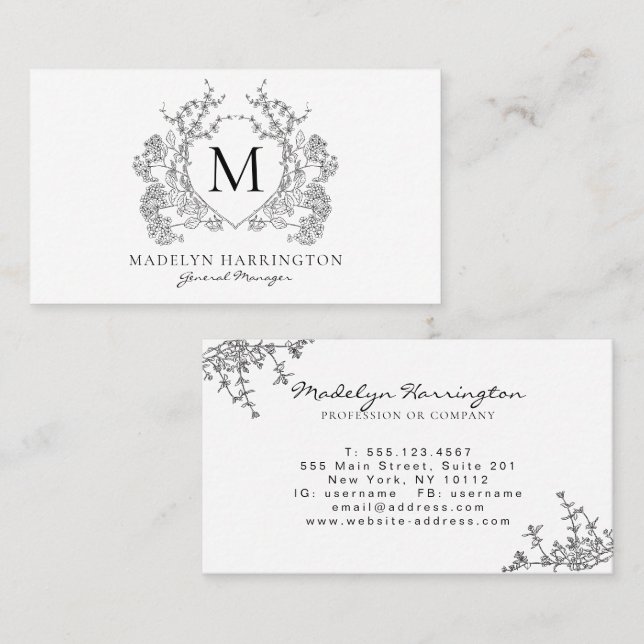 Classic Black and White Floral Crest Monogram Business Card (Front/Back)