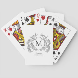 Classic Black and White Floral Crest Monogram Playing Cards