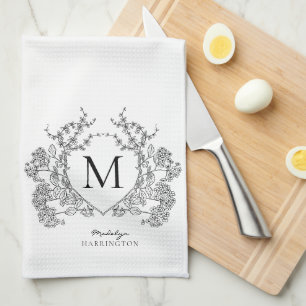 Classic Black and White Floral Crest Monogram Tea Towel
