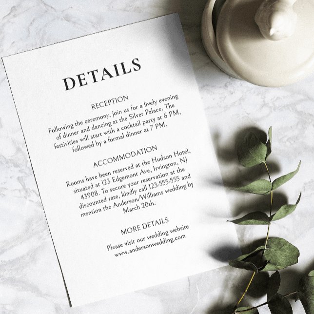 Classic Black and White Formal Elegant Wedding Enclosure Card (Provide wedding details with our customizable detail card, ensuring all guests are well-informed.)
