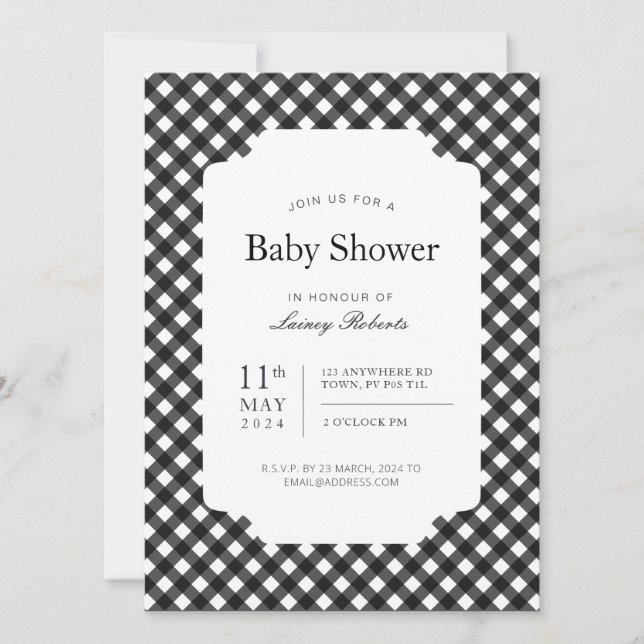 Classic Black and White Gingham Plaid Checkerboard Invitation (Front)