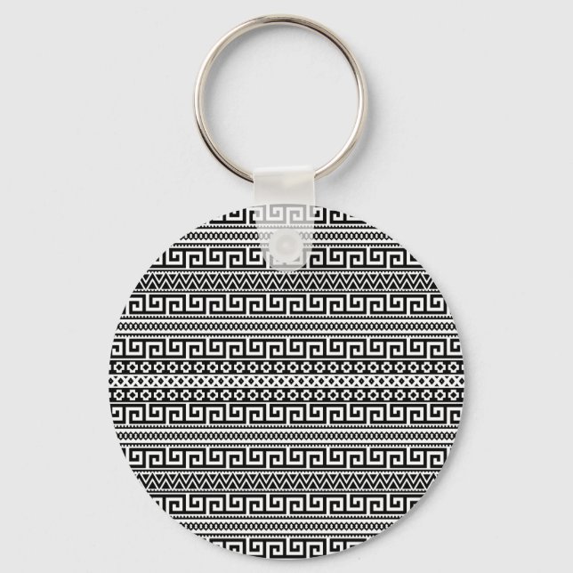 Classic Black And White Greek Key Geometric Key Ring (Front)