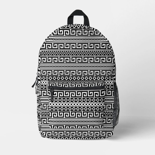 Classic Black And White Greek Key Geometric Printed Backpack (Front)