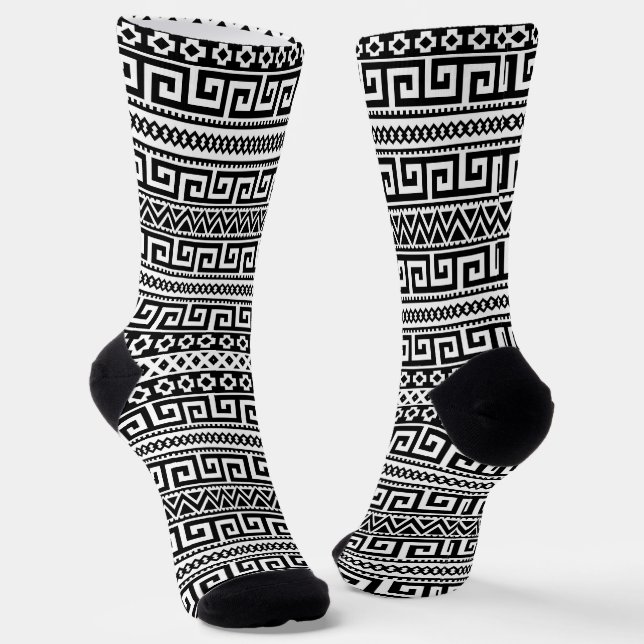 Classic Black And White Greek Key Geometric Socks (Angled)