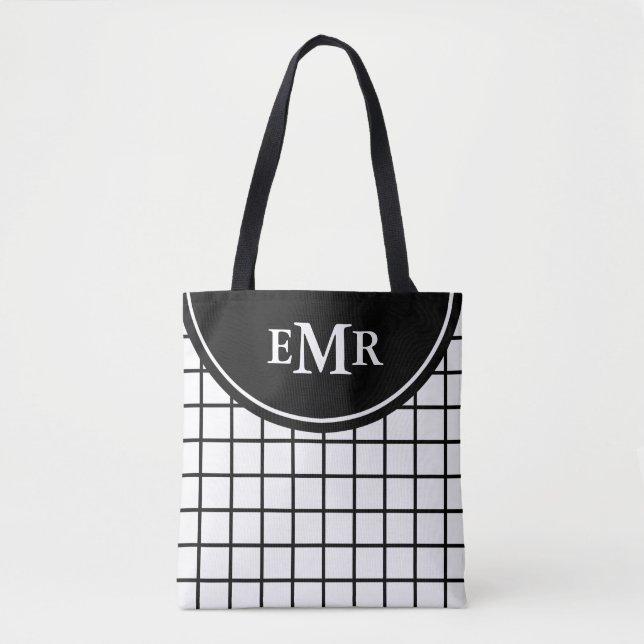 Classic Black and White Lattice Stripe Monogram Tote Bag (Front)