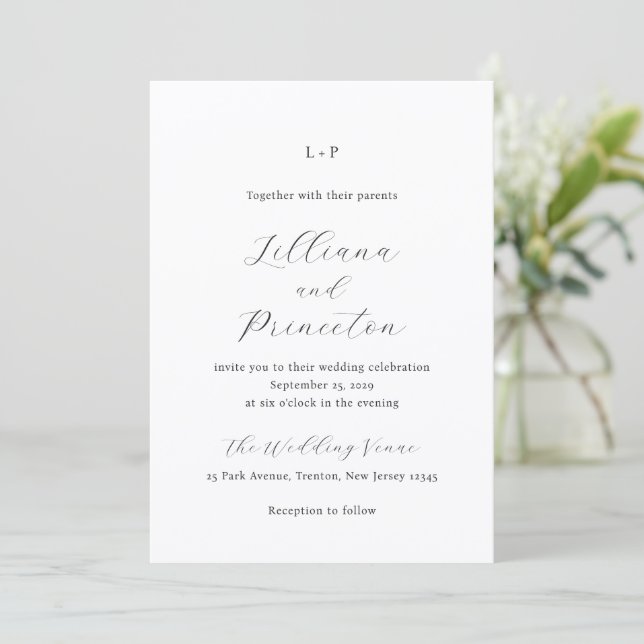 Classic Black and White Monogram Elegant Wedding Invitation (Standing Front)