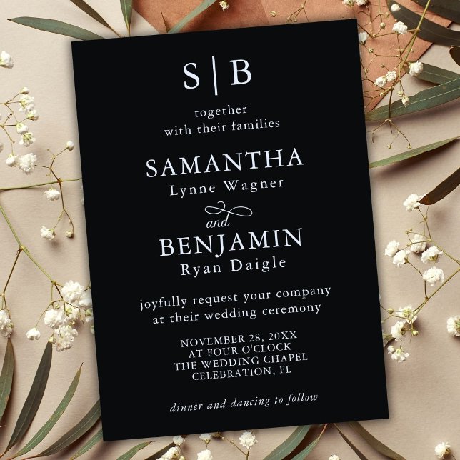 Classic Black and White Monogram Initials Wedding Invitation (Creator Uploaded)