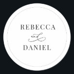 Classic Black and White Personalised Names Wedding Classic Round Sticker<br><div class="desc">Designed to coordinate with our Romantic Script wedding collection,  this customisable names Sticker,  features a calligraphy graphic ampersand,  paired with a classy serif font in black. Matching items available.</div>