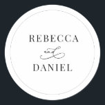 Classic Black and White Personalised Names Wedding Classic Round Sticker<br><div class="desc">Designed to coordinate with our Romantic Script wedding collection,  this customisable names Sticker,  features a calligraphy graphic ampersand,  paired with a classy serif font in black. Matching items available.</div>