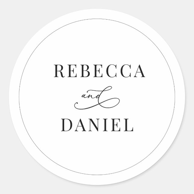 Classic Black and White Personalised Names Wedding Classic Round Sticker (Front)