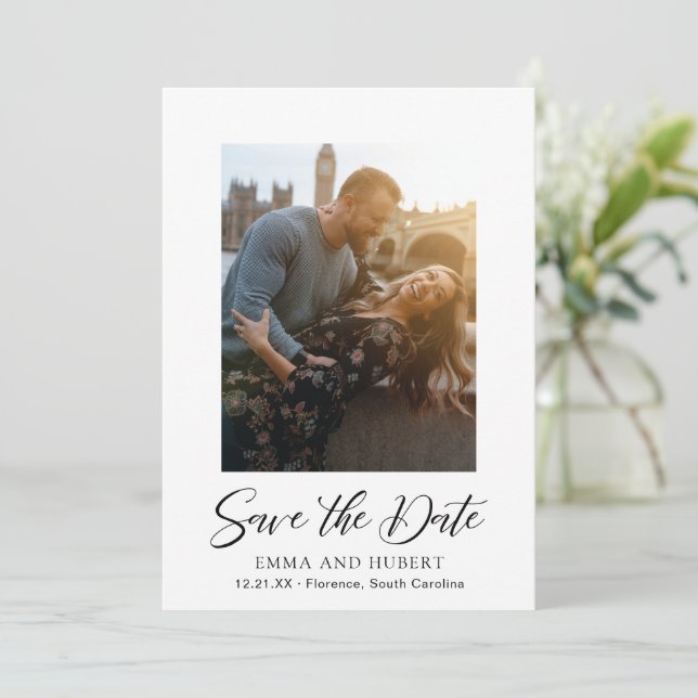 Classic Black and White Photo Elegant Wedding Save The Date (Standing Front)