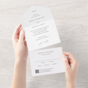 Classic Black and White QR Code Elegant Wedding All In One Invitation