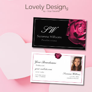 Classic Black and White Red Rose Initials Photo Business Card
