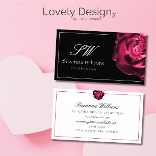 Classic Black and White Red Rose with Initials Business Card