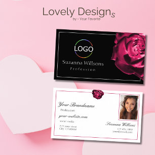 Classic Black and White Red Rose with Logo Photo Business Card