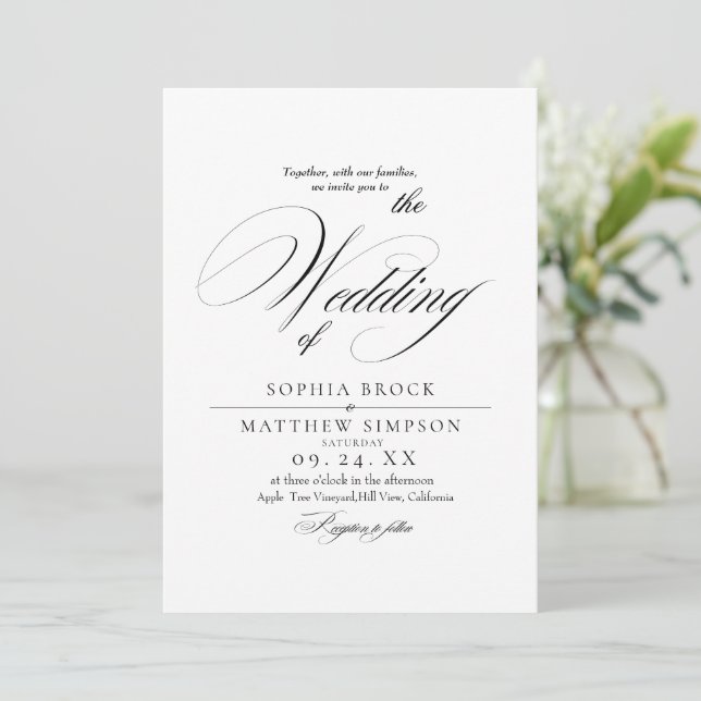 Classic Black and White Script Wedding Invitation (Standing Front)