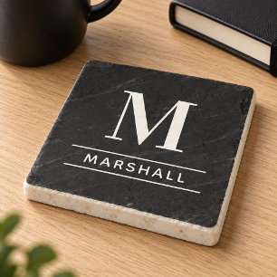 Classic Black and White Serif Monogram Name Stone Coaster