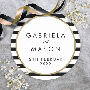 Classic Black and White Stripe Gold Wedding Classic Round Sticker