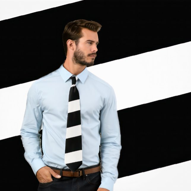 Classic Black and White Striped Tie (Man wears a Classic Black and White Striped Tie)