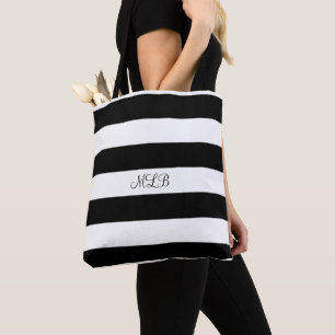 Classic Black and White Stripes and Monogram Tote Bag