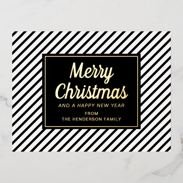 Classic Black And White Stripes Merry Christmas Foil Holiday Postcard (Front)