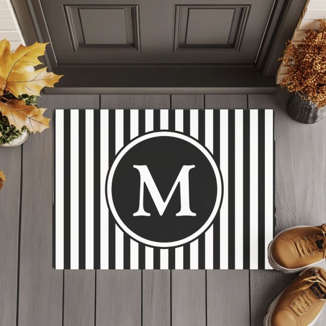 Classic Black And White Stripes Monogram Doormat (Classic Black And White Stripes Monogram Doormat)
