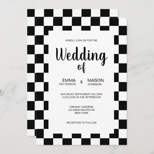 Classic Black and White Tiles Frame Invitation (Front/Back)