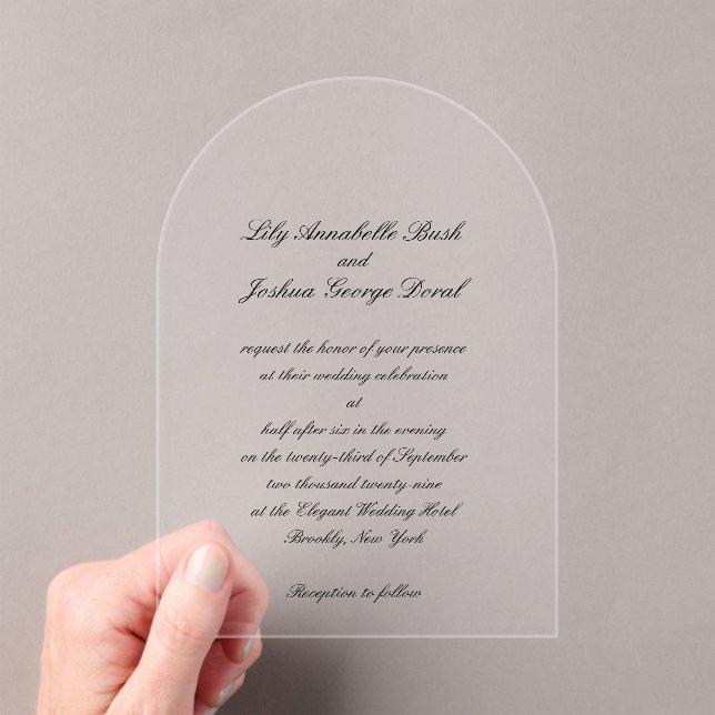 Classic Black and White Timeless Wedding Acrylic Invitations (Insitu (Handheld))