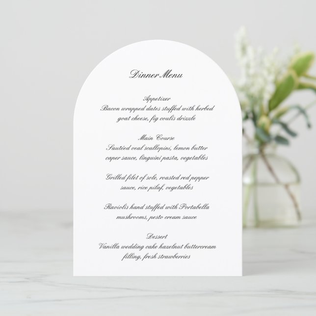 Classic Black and White Timeless Wedding Menu Invitation (Standing Front)