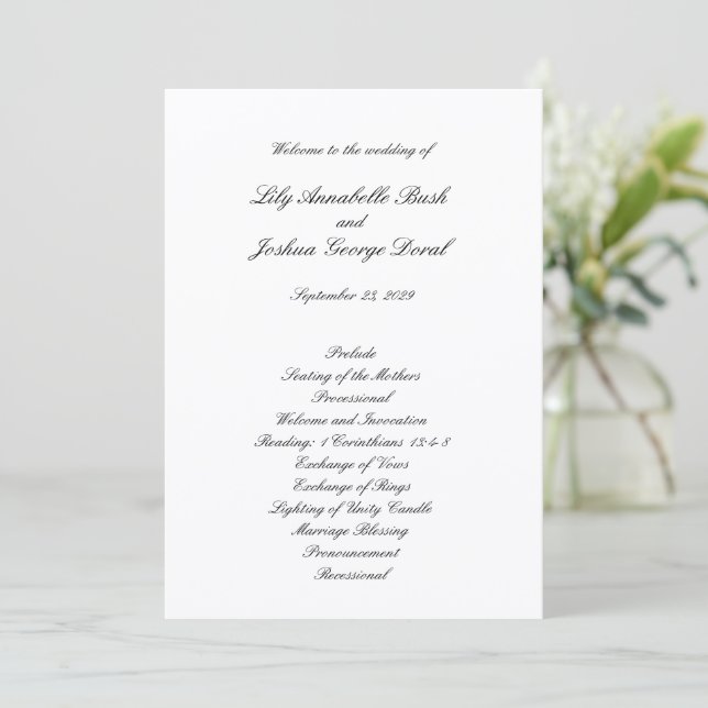 Classic Black and White Timeless Wedding Programme (Standing Front)